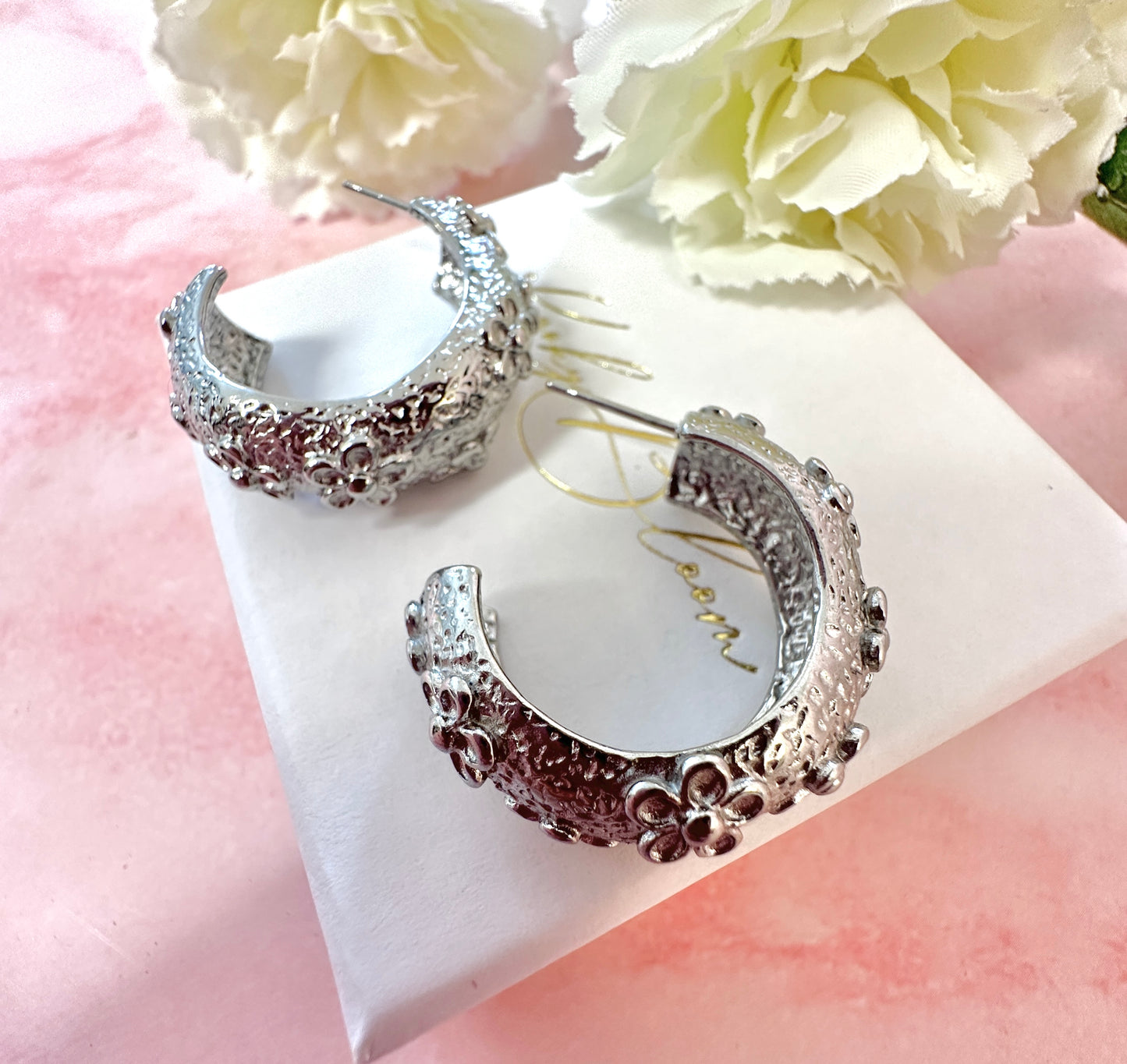 Silver Chunky organic Flower hoop earrings.