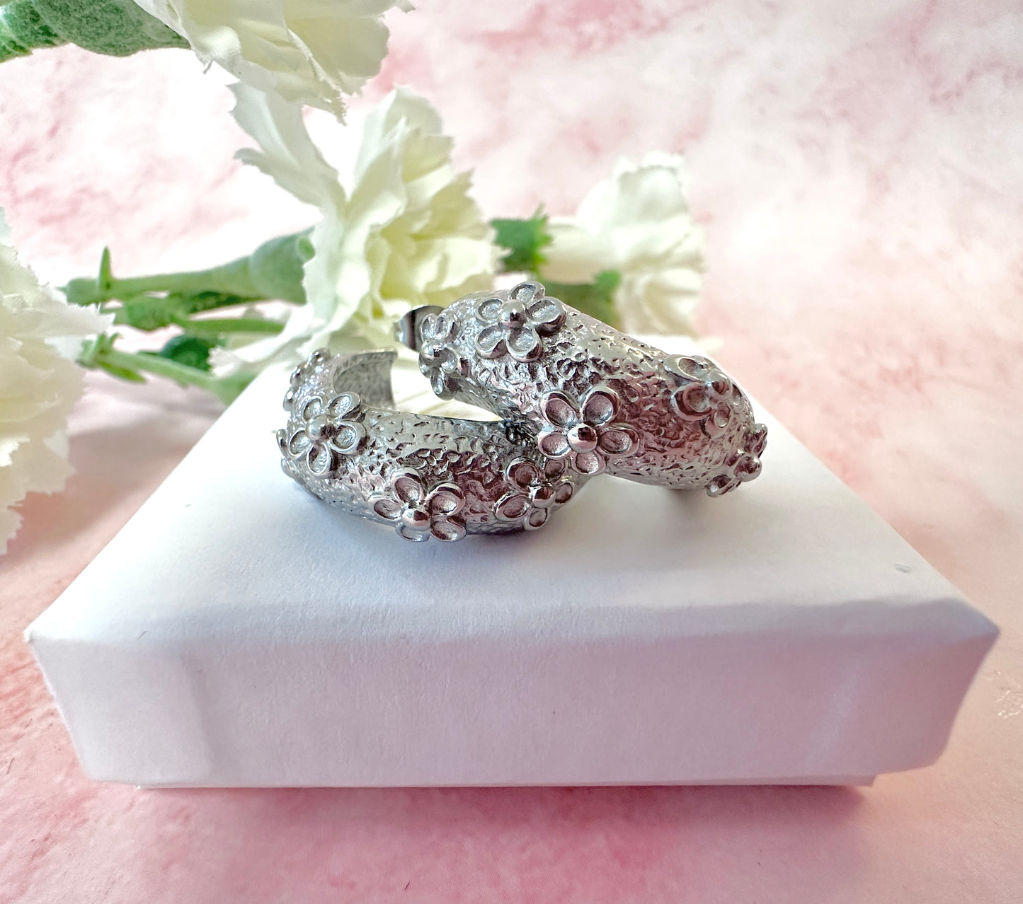 Silver Chunky organic Flower hoop earrings.