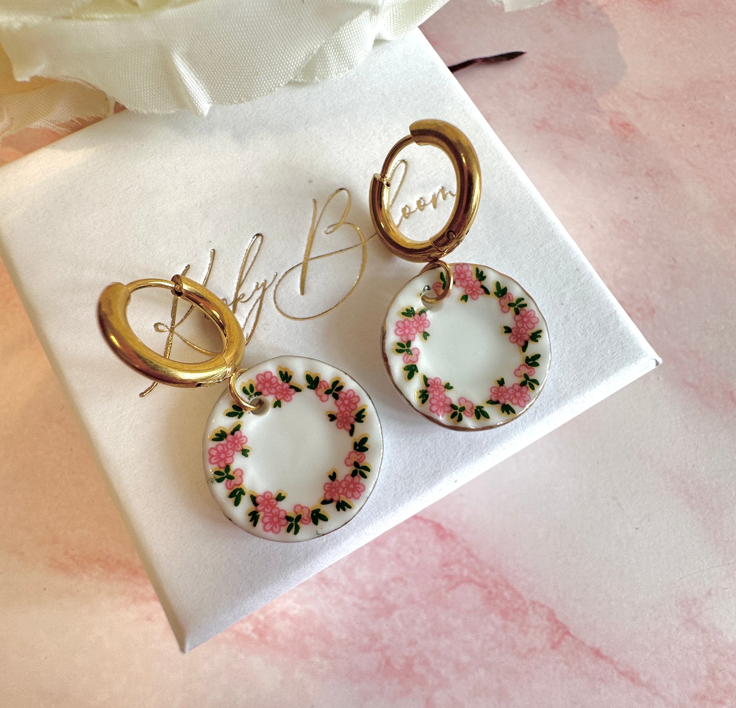 Pink Floral china Plate earrings.