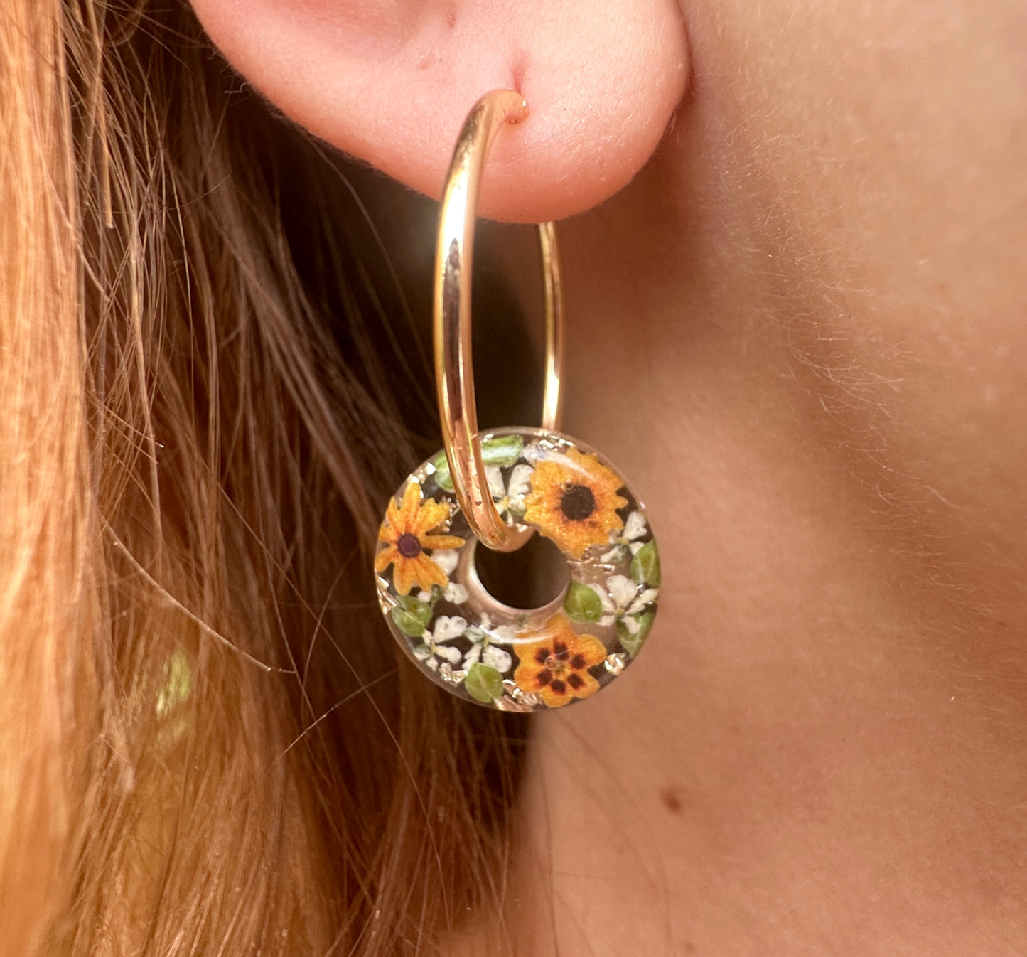 Sunflower Donut Hoop earrings.
