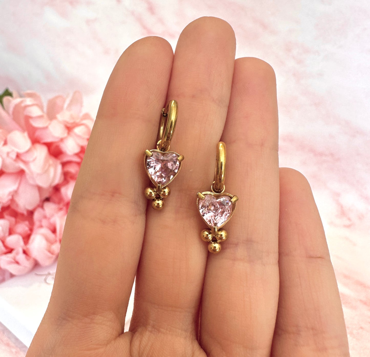 Gold Tri-bead Pink Heart hoop earrings.