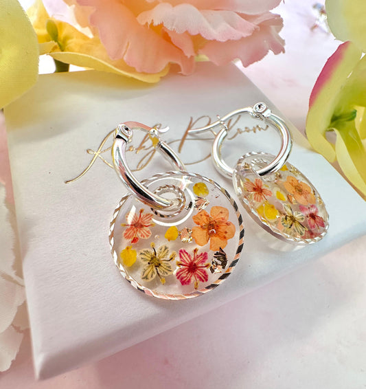 Tutti Frutti Bloom disc silver hoop Earrings.