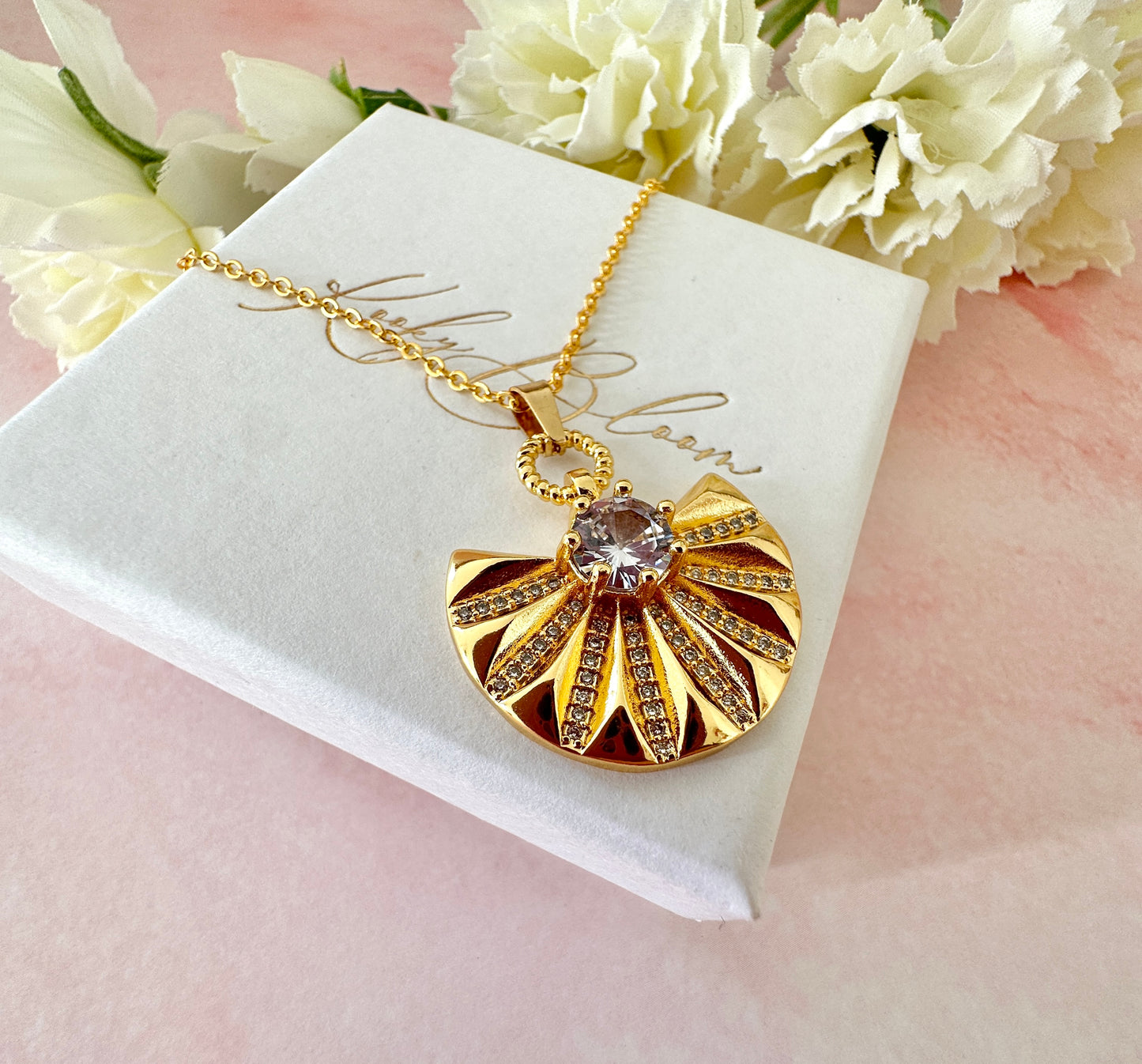 Gold CZ fan pendant Necklace.