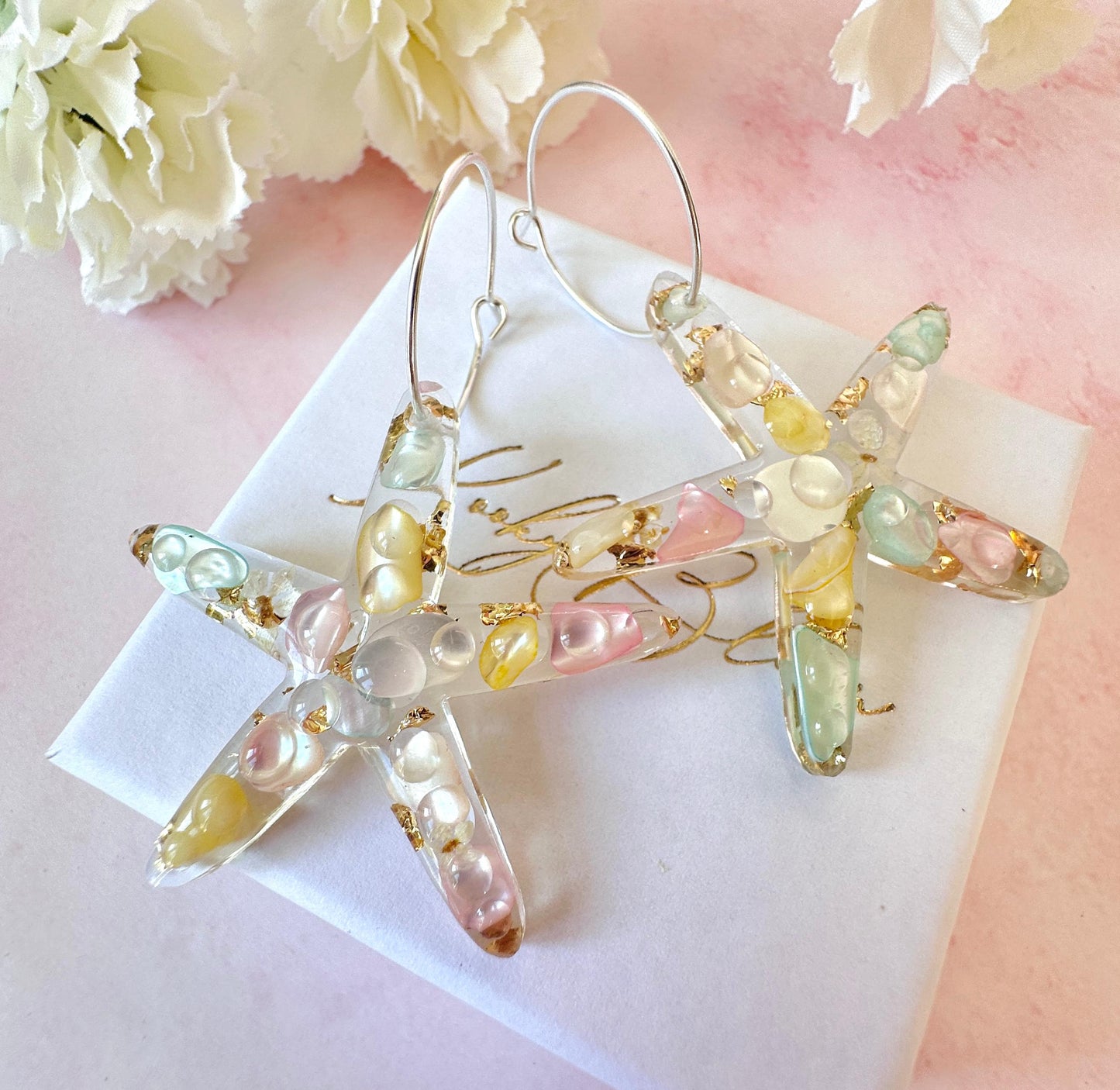 Starfish Seashell Silver hoop Earrings.