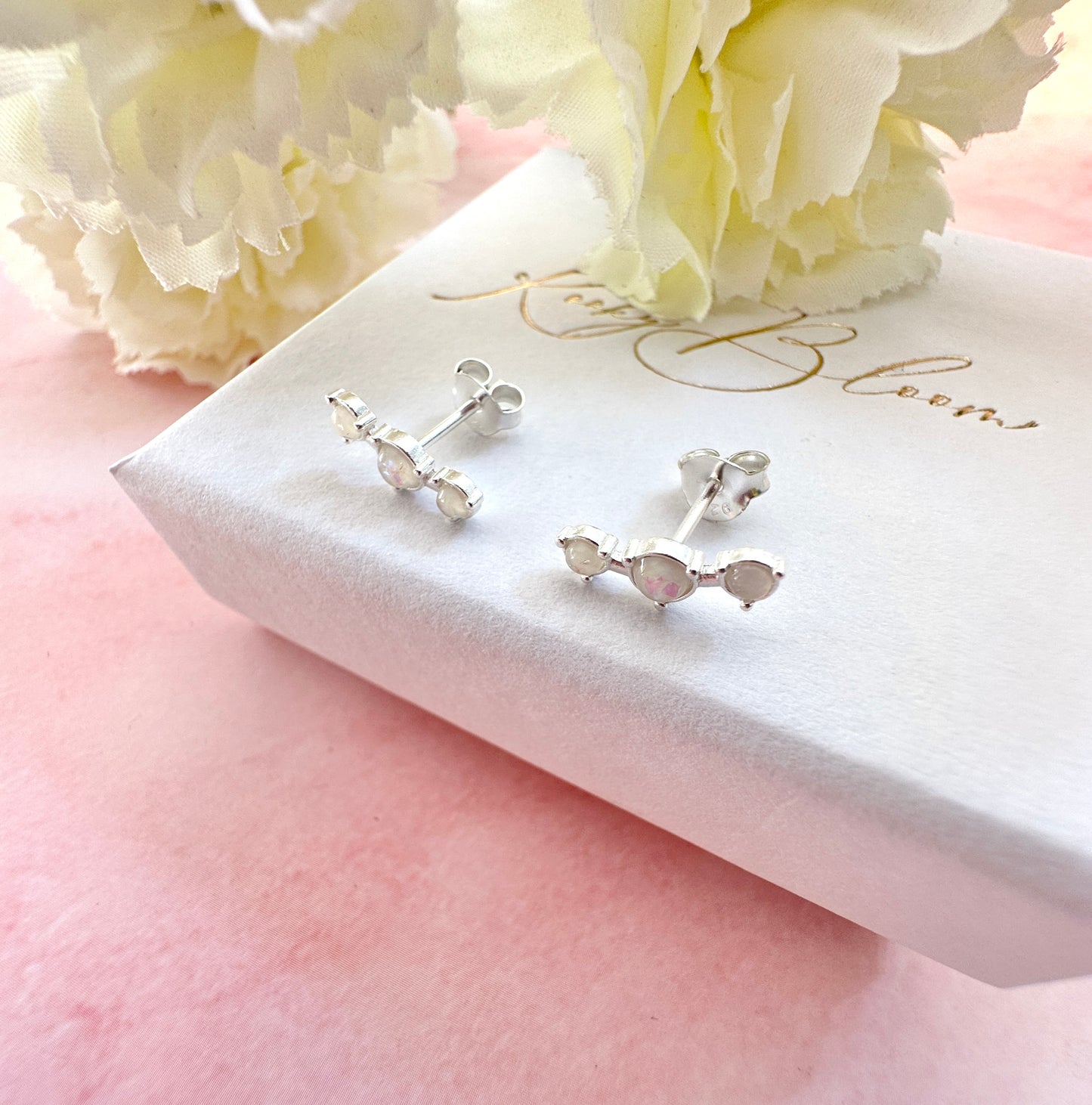 925 Sterling silver Opal curved climber stud earrings.