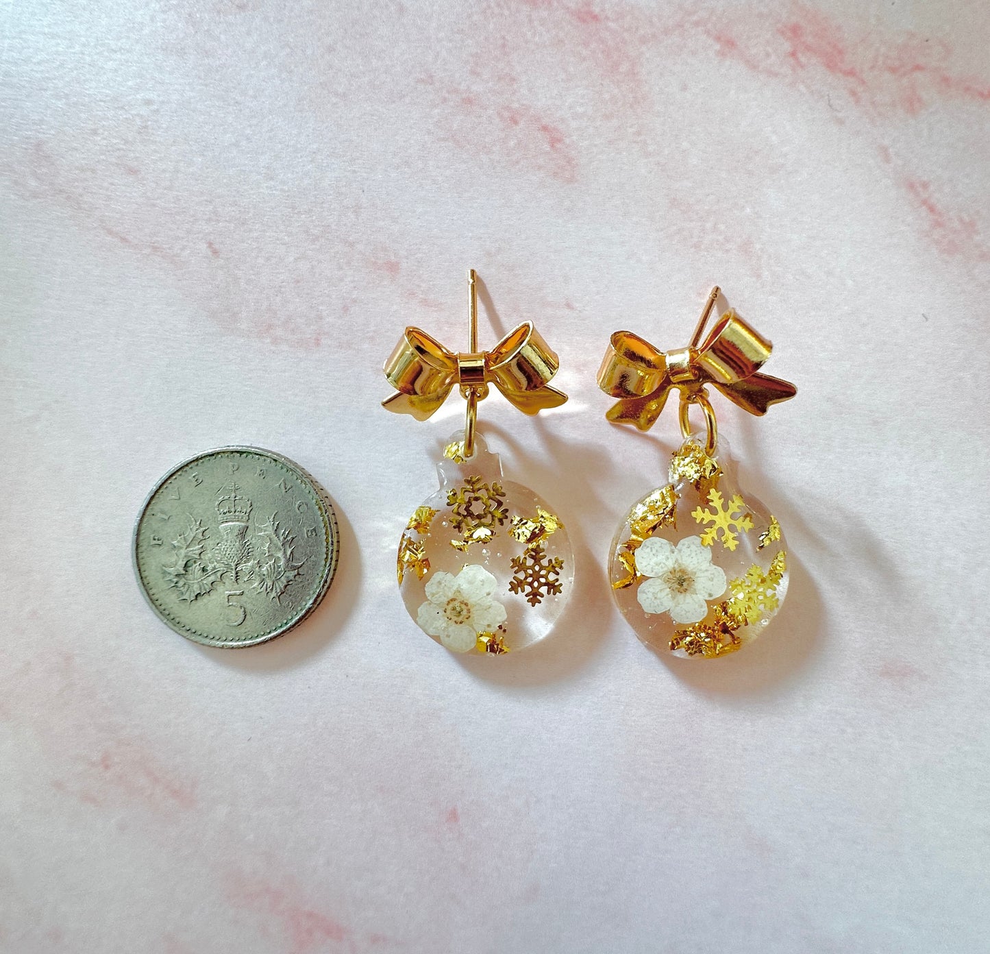 Gold White bloom Bauble Drop earrings.