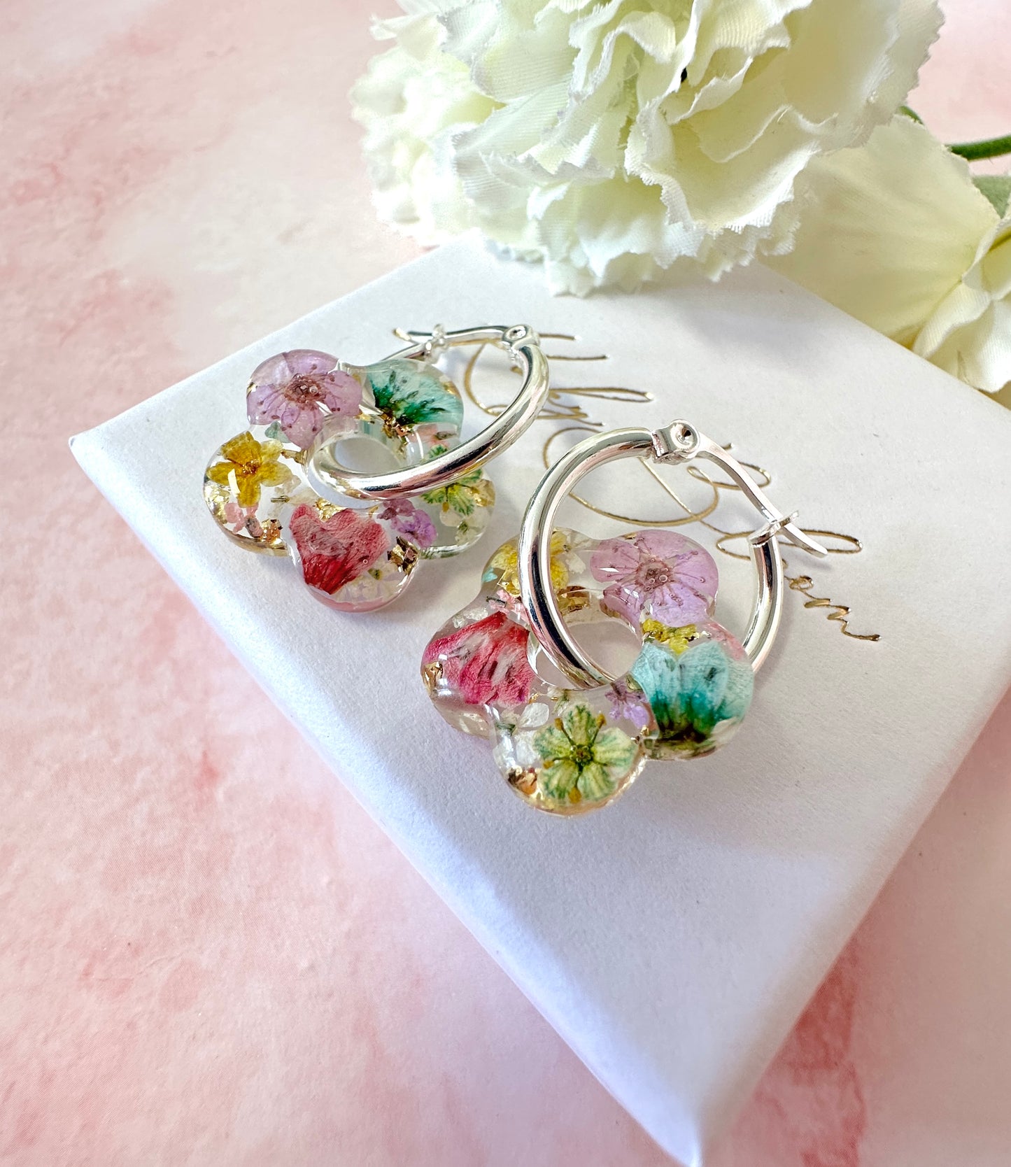 Watercolour Bloom Flower Donut Hoop earrings.