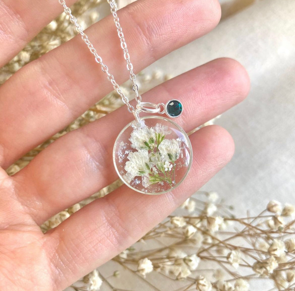 MAY emerald birthstone real gypsophila silver necklace.