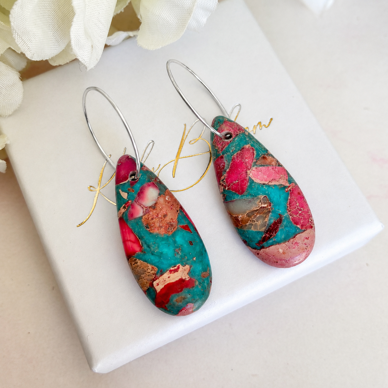 Pink Blue turquoise Jasper teardrop hoop earrings