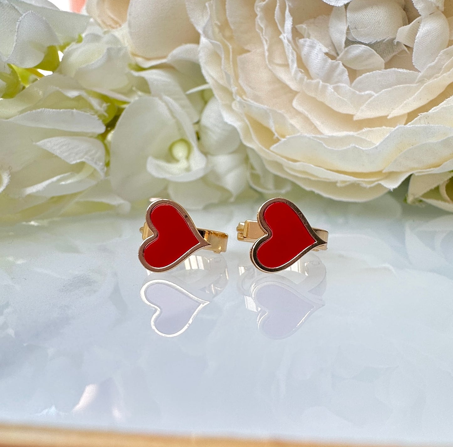 Gold Red Enamel Love Heart Huggie earrings.