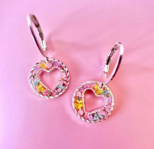 Silver Candy heart flower Earrings.