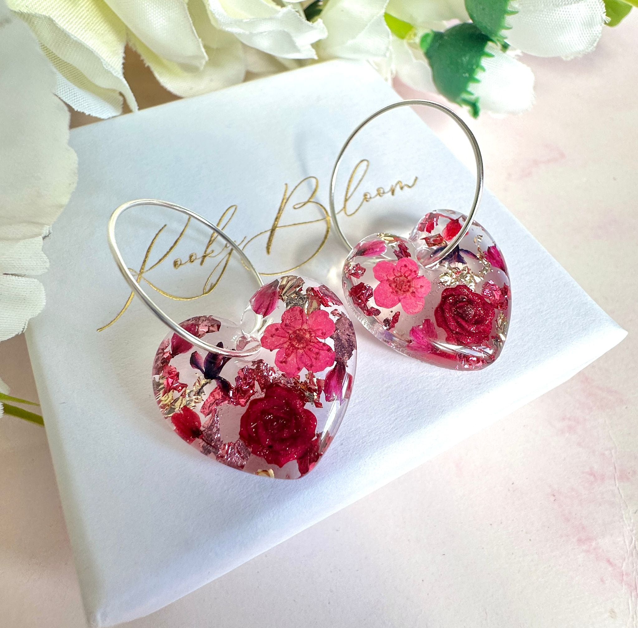 Magenta rose Love heart earrings.