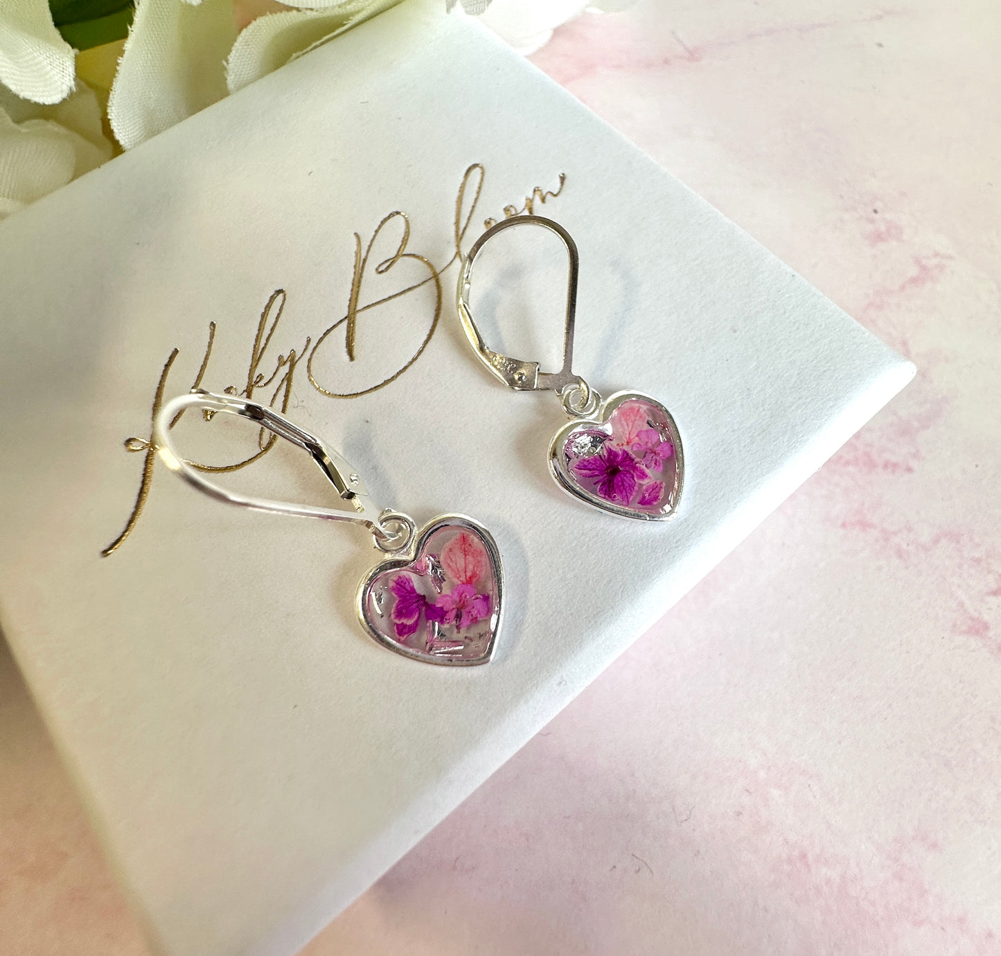 * Limited Edition * 925 sterling silver Pink Petal heart huggie earrings.