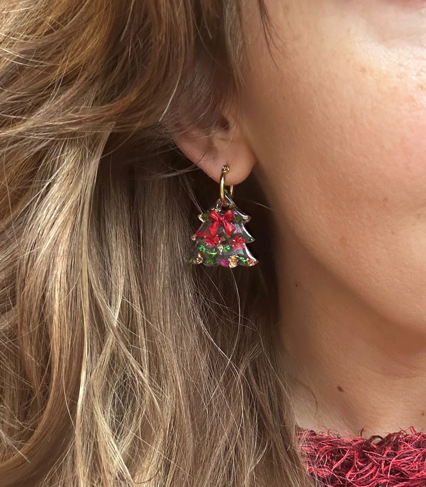 Bloom bow Christmas Tree earrings.