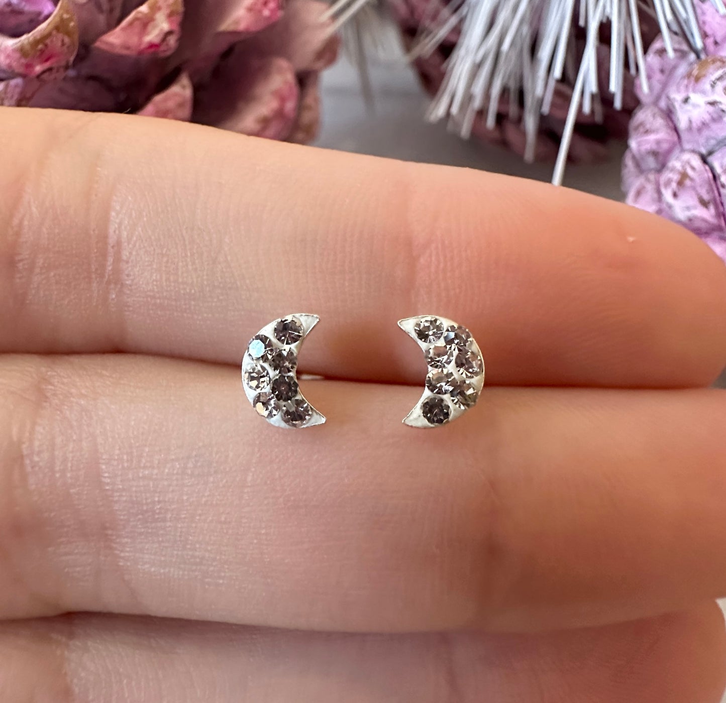 925 sterling silver Tiny White CZ Moon earrings.