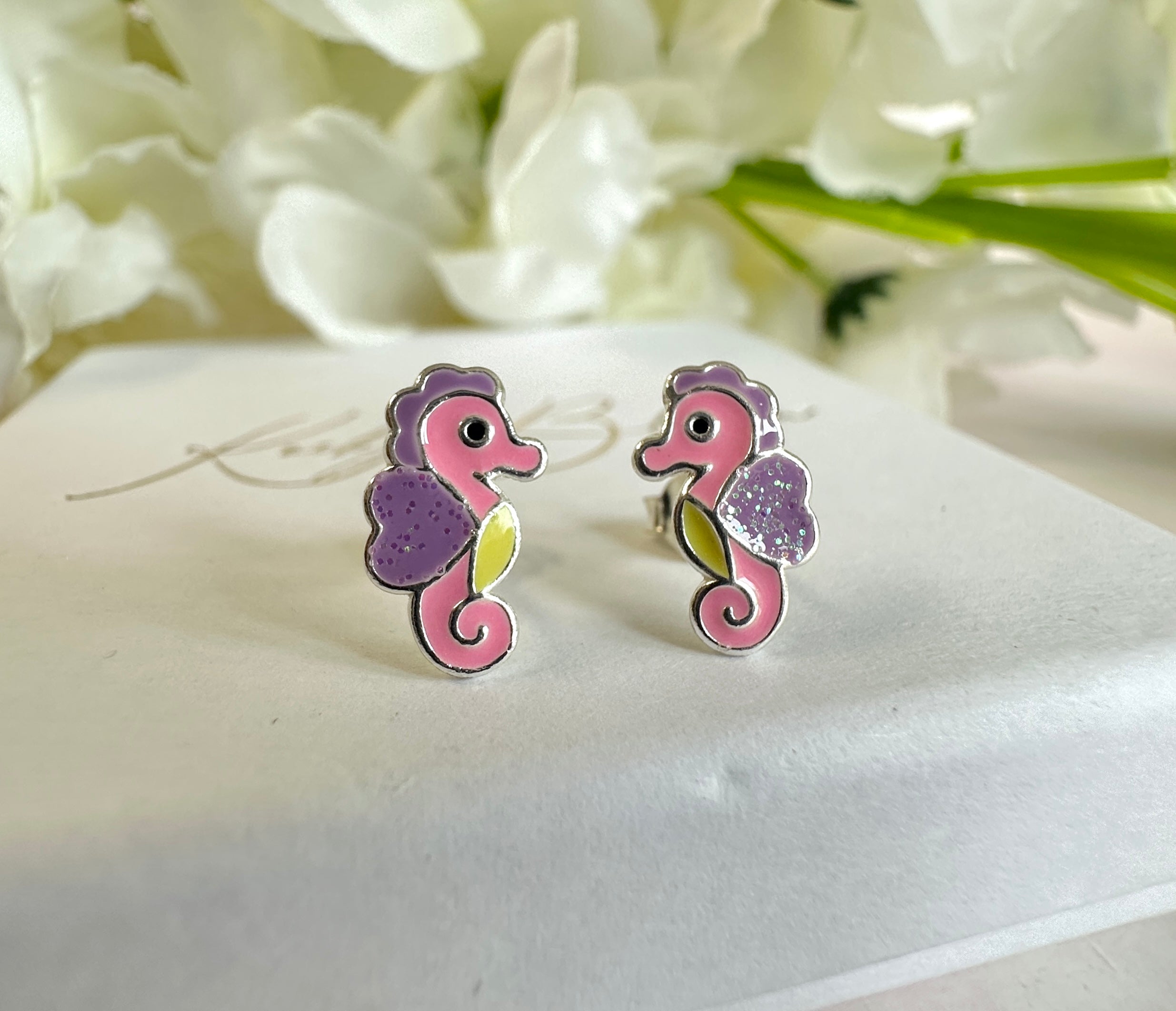 925 sterling silver pastel Seahorse stud earrings.