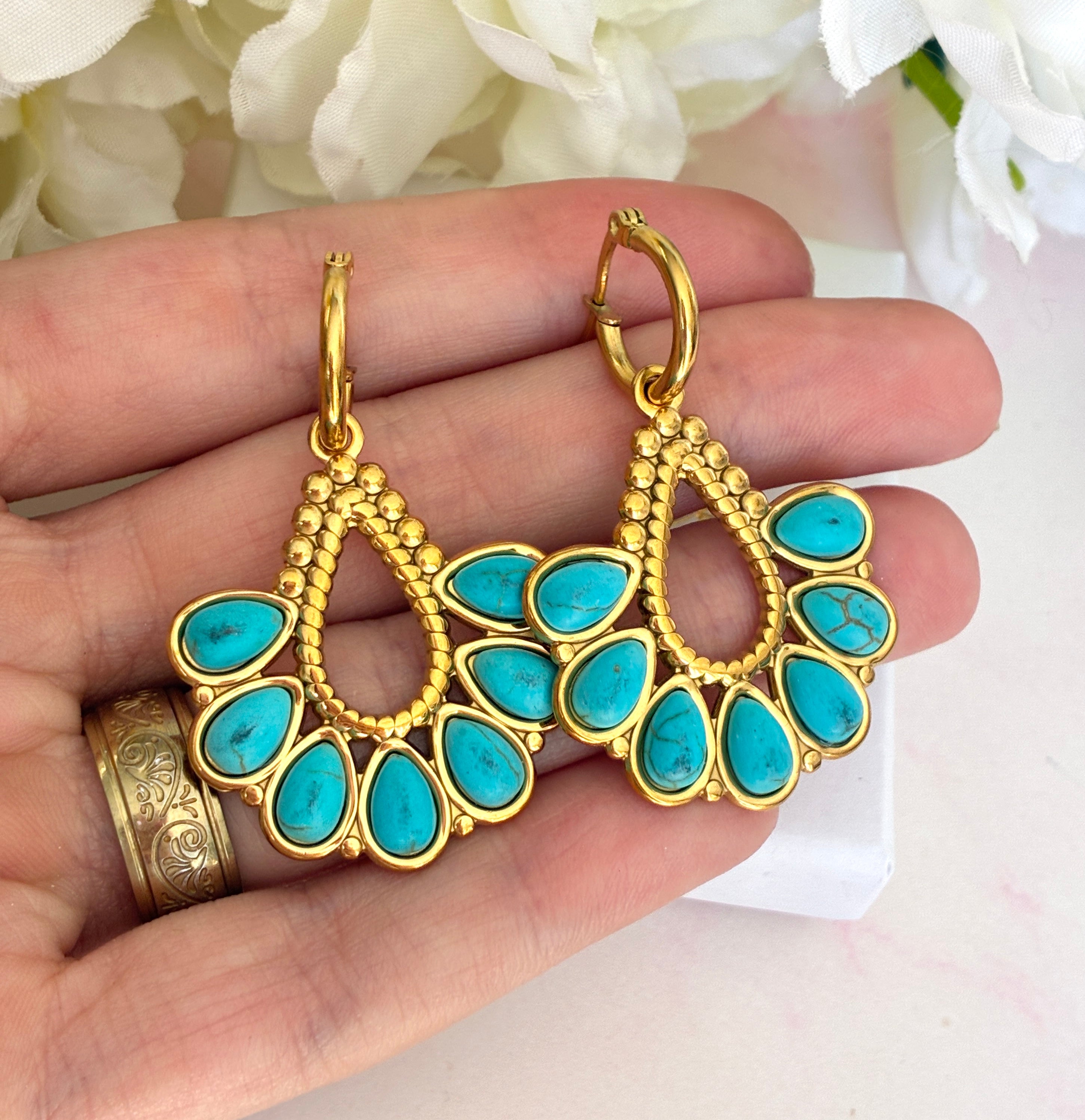 Gold turquoise Boho hoop earrings.