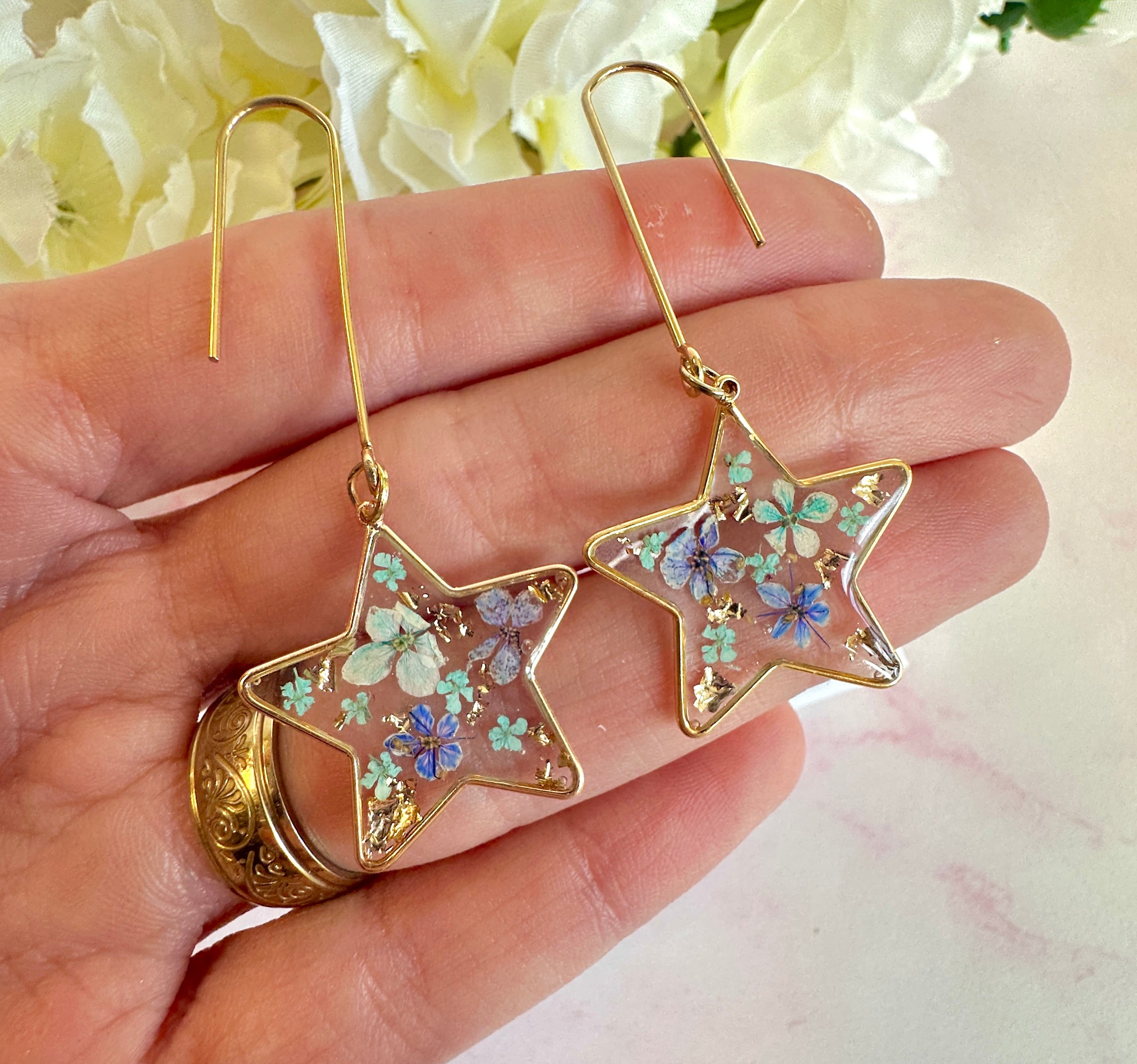 *Limited Edition* Gold blue bloom Star fall earrings.