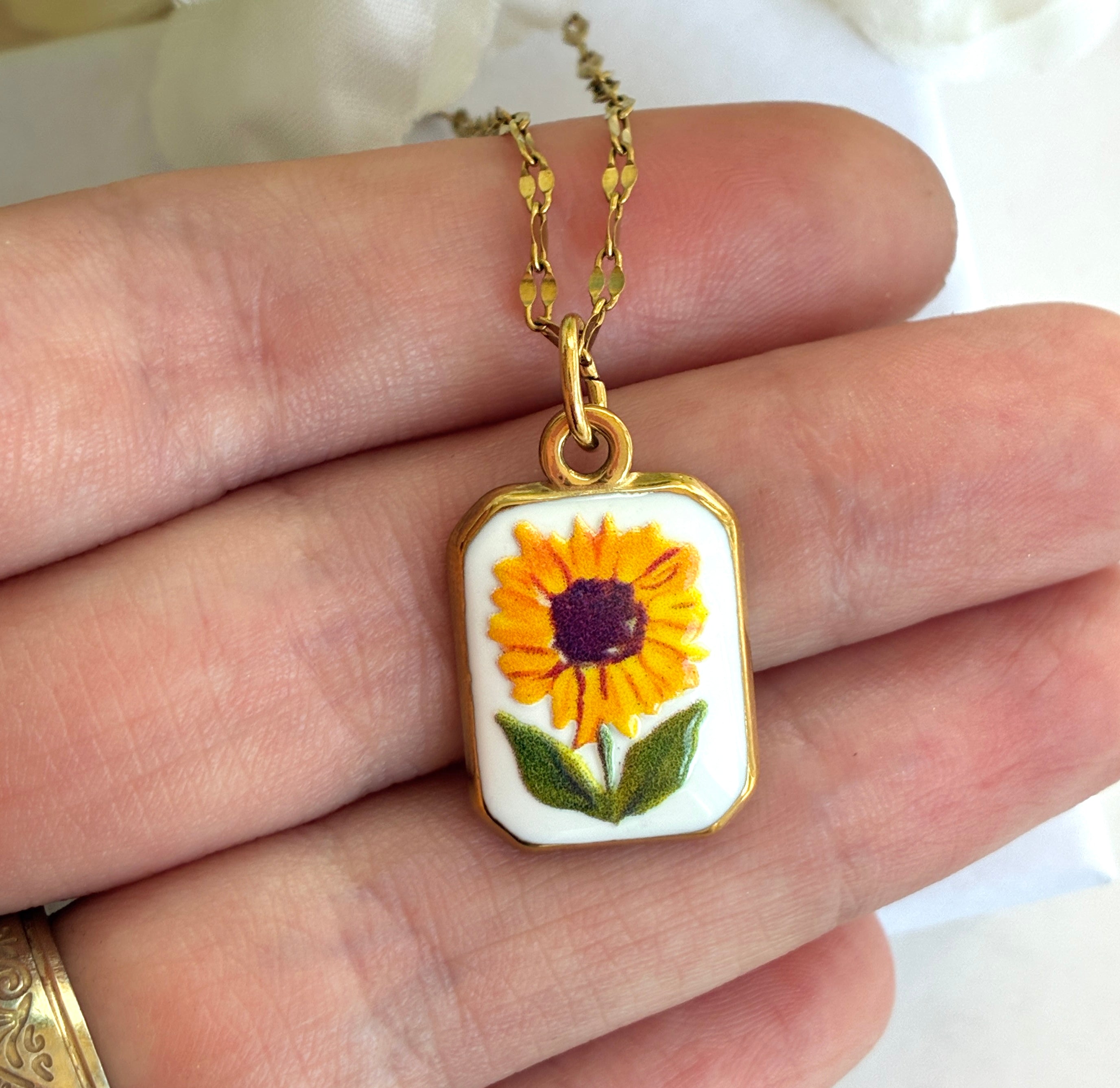 Gold Sunflower Tile Necklace.