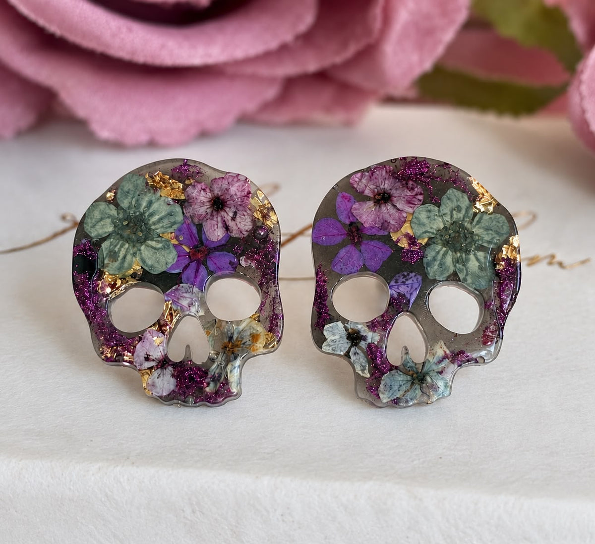 Mini Nightshade bloom Skull stud earrings