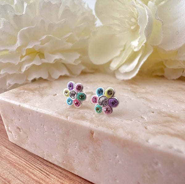 Kooky Kids Pastel CZ Flower sterling silver earrings