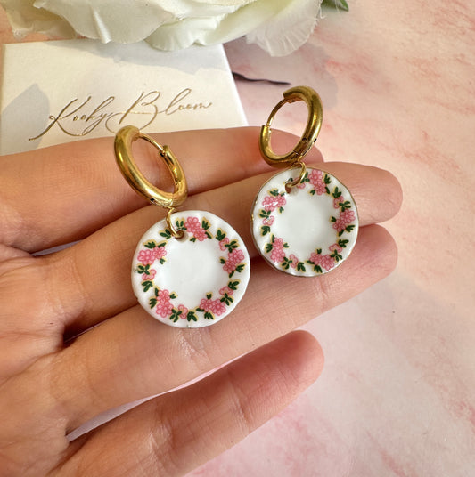 Pink Floral china Plate earrings.