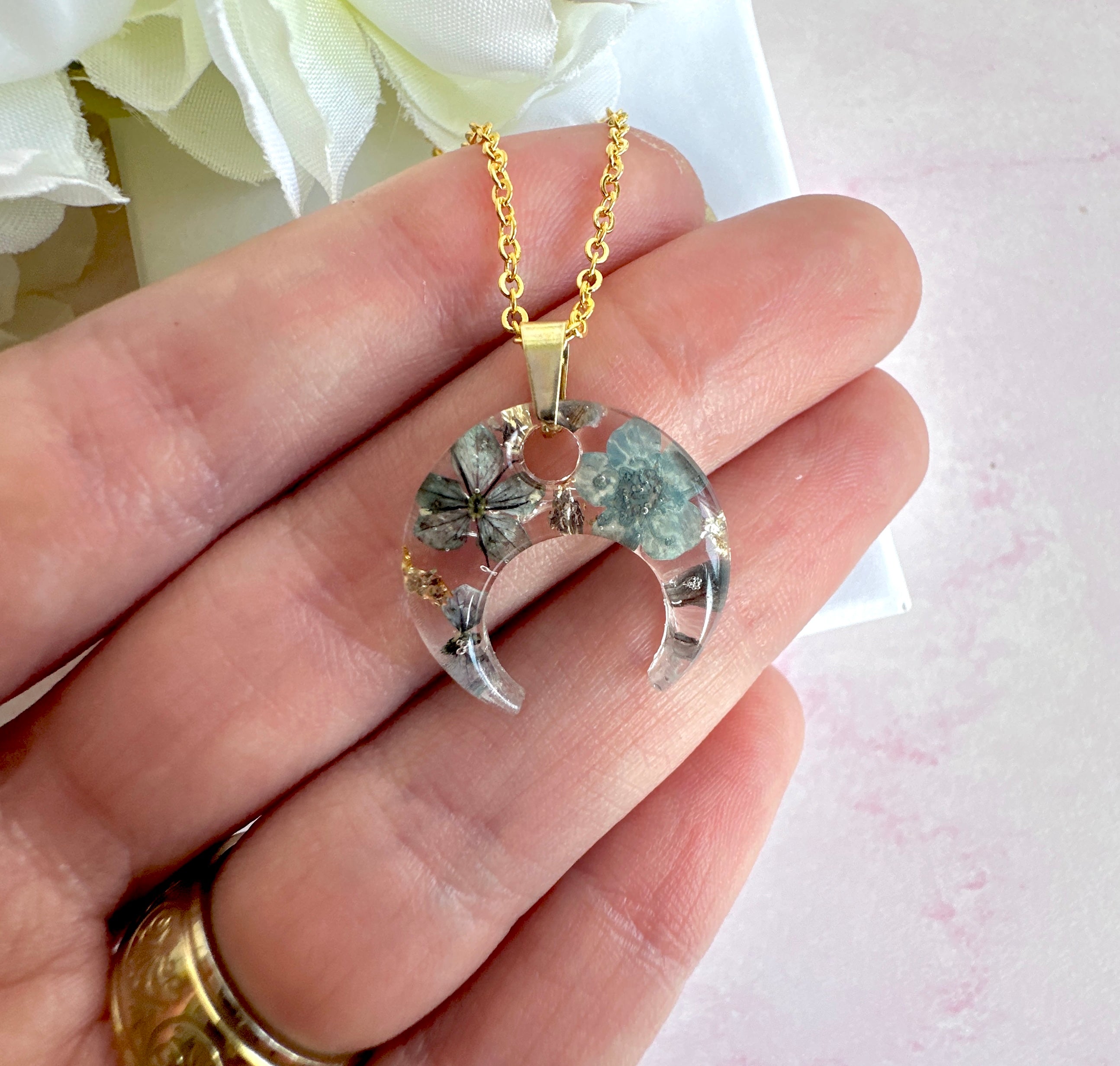 Gold Midnight petal flower crescent necklace