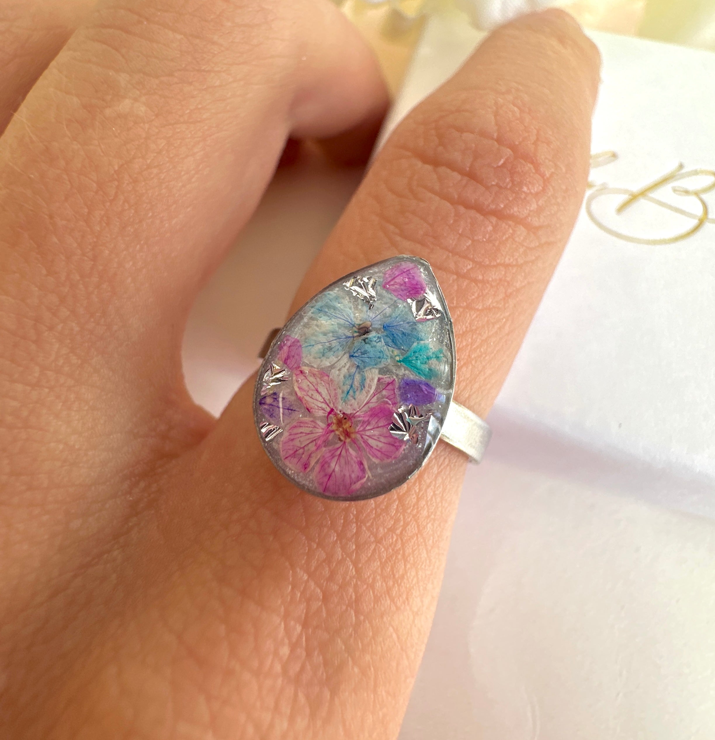 Silver Pink Blue Blossom flower Teardrop ring.