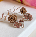 Chocolate Rose Heart Drop Stud Earrings.