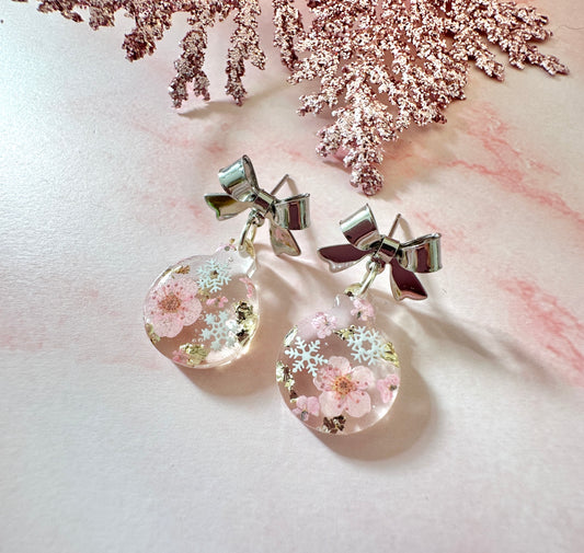 Silver Baby pink bloom Bauble Drop earrings.