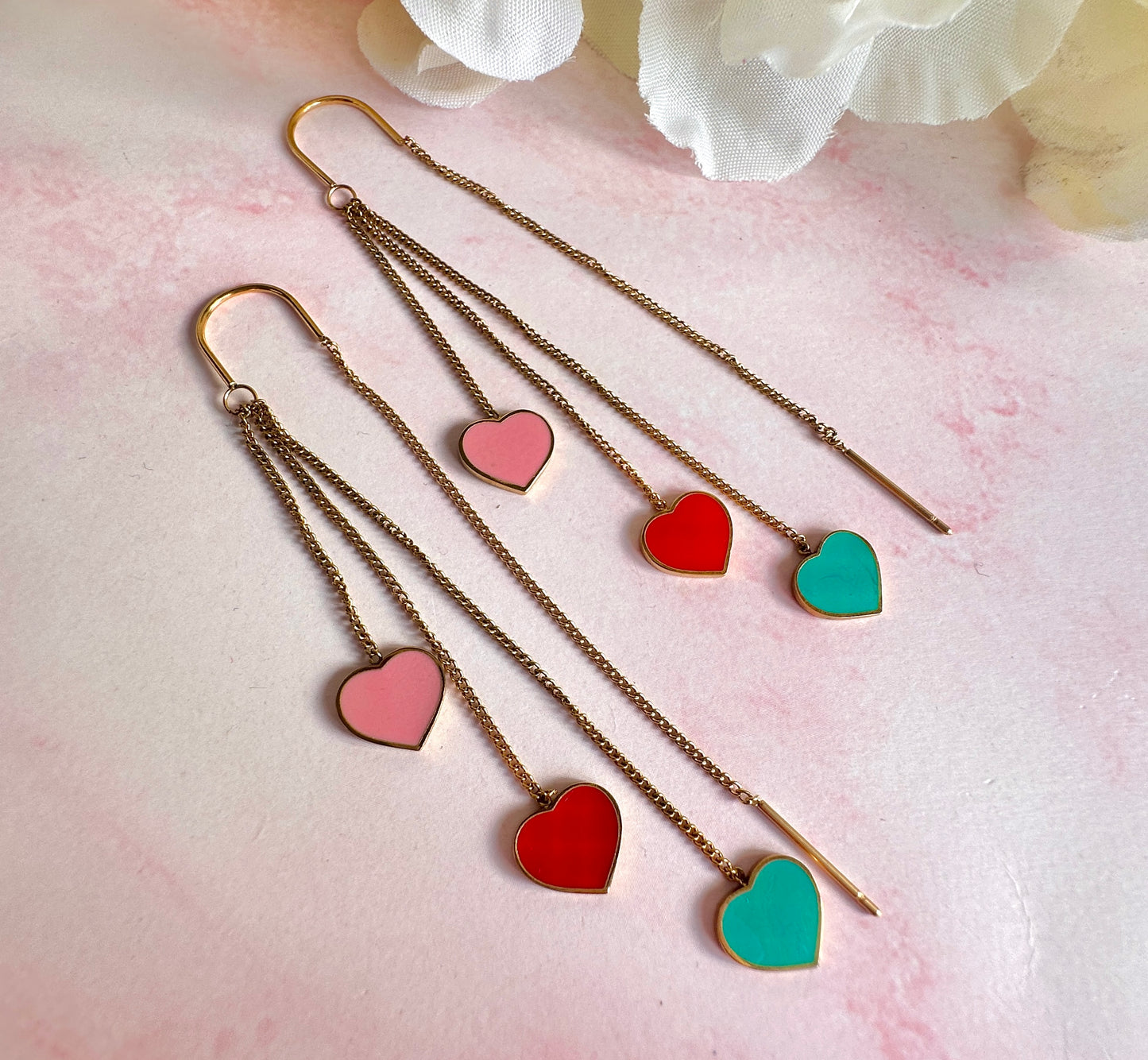 Gold Colourful heart drop thread through earrings.