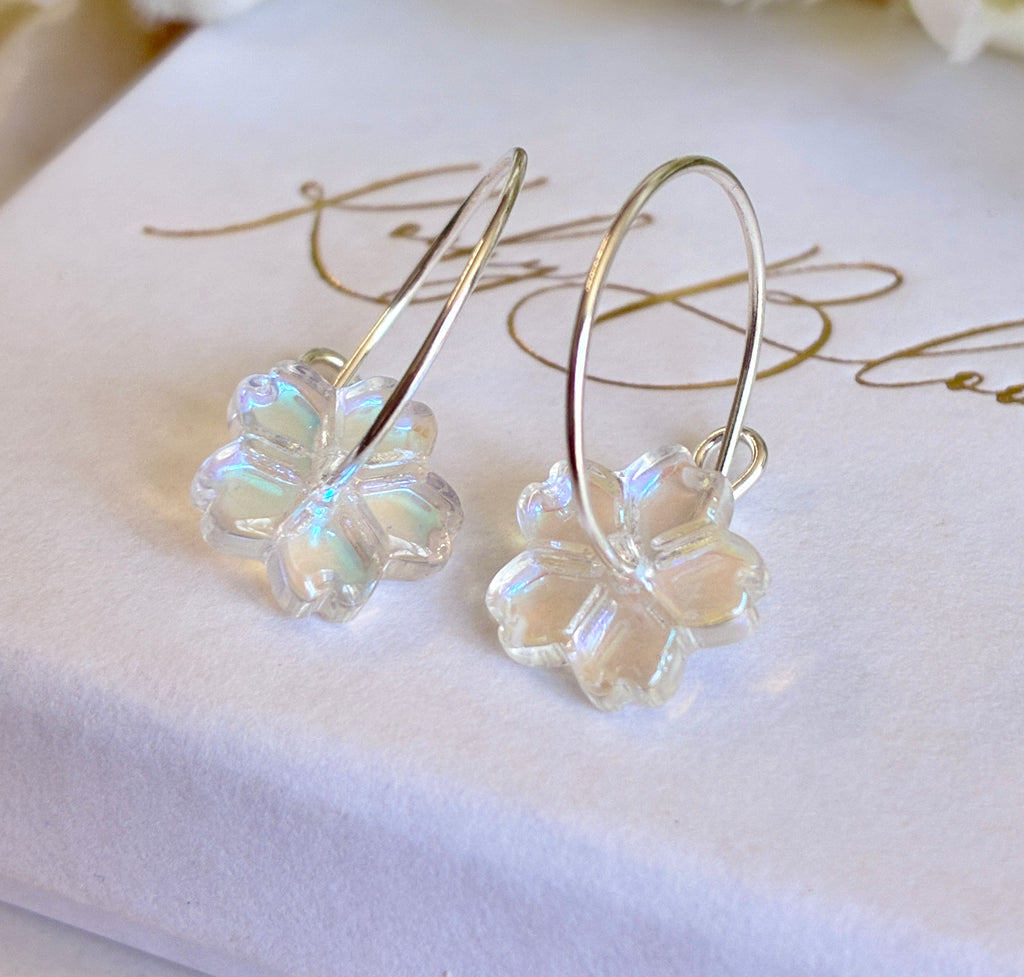 925 Sterling silver Iridescent AB Glass flower hoop earrings.