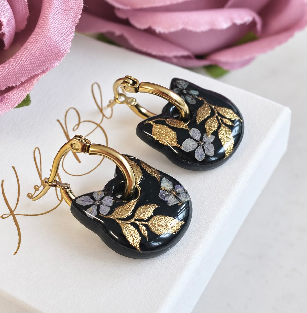 Black Bloom Mystical Cat hoopearrings.