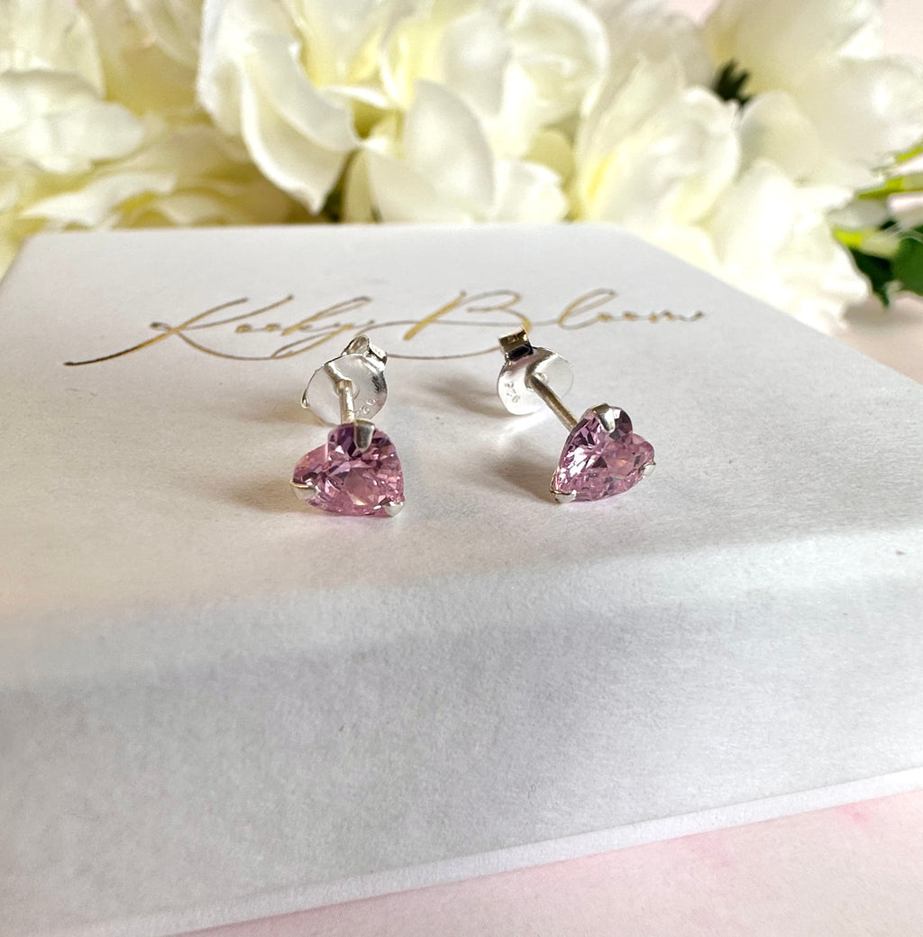 925 Sterling silver Pink CZ heart stud earrings