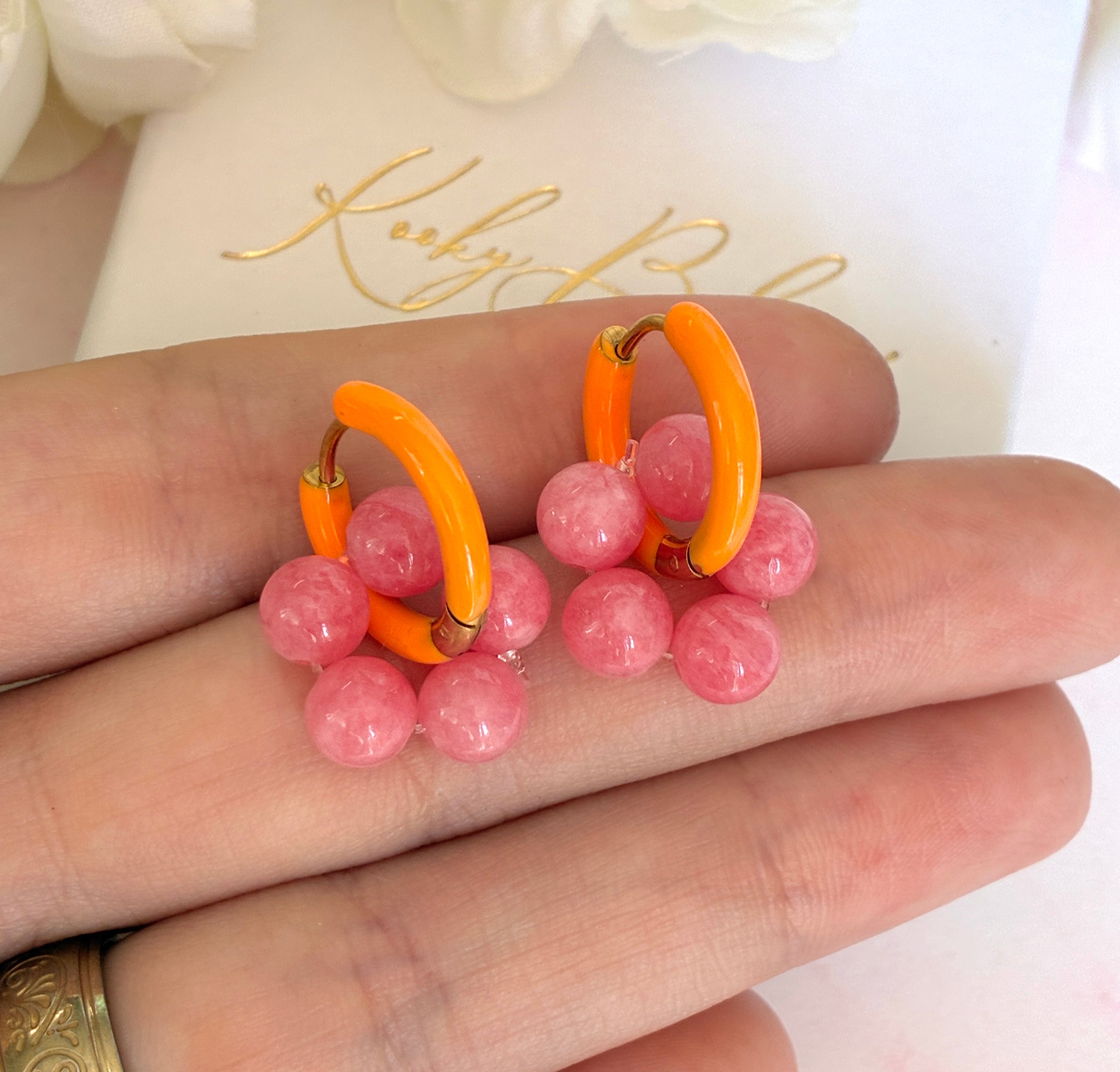 Gold Colourful Pink Orange enamel bead flower earrings.