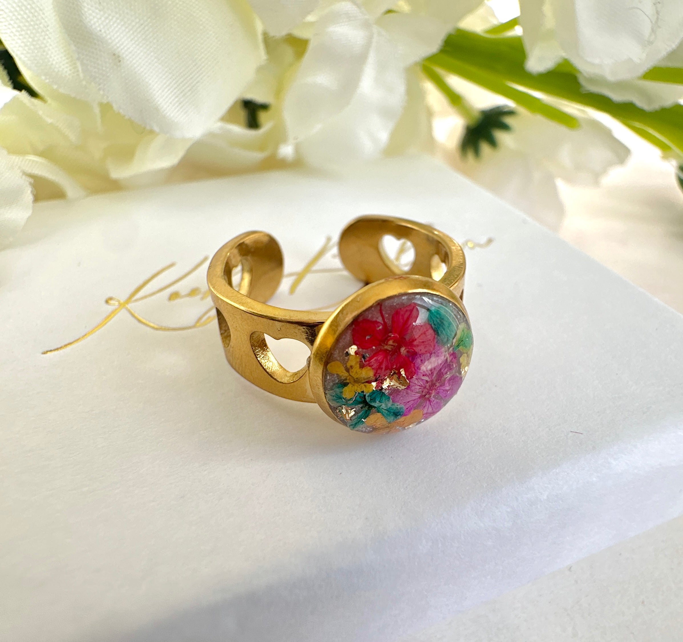 Gold Heart Cut out Multicoloured bloom cuff ring.