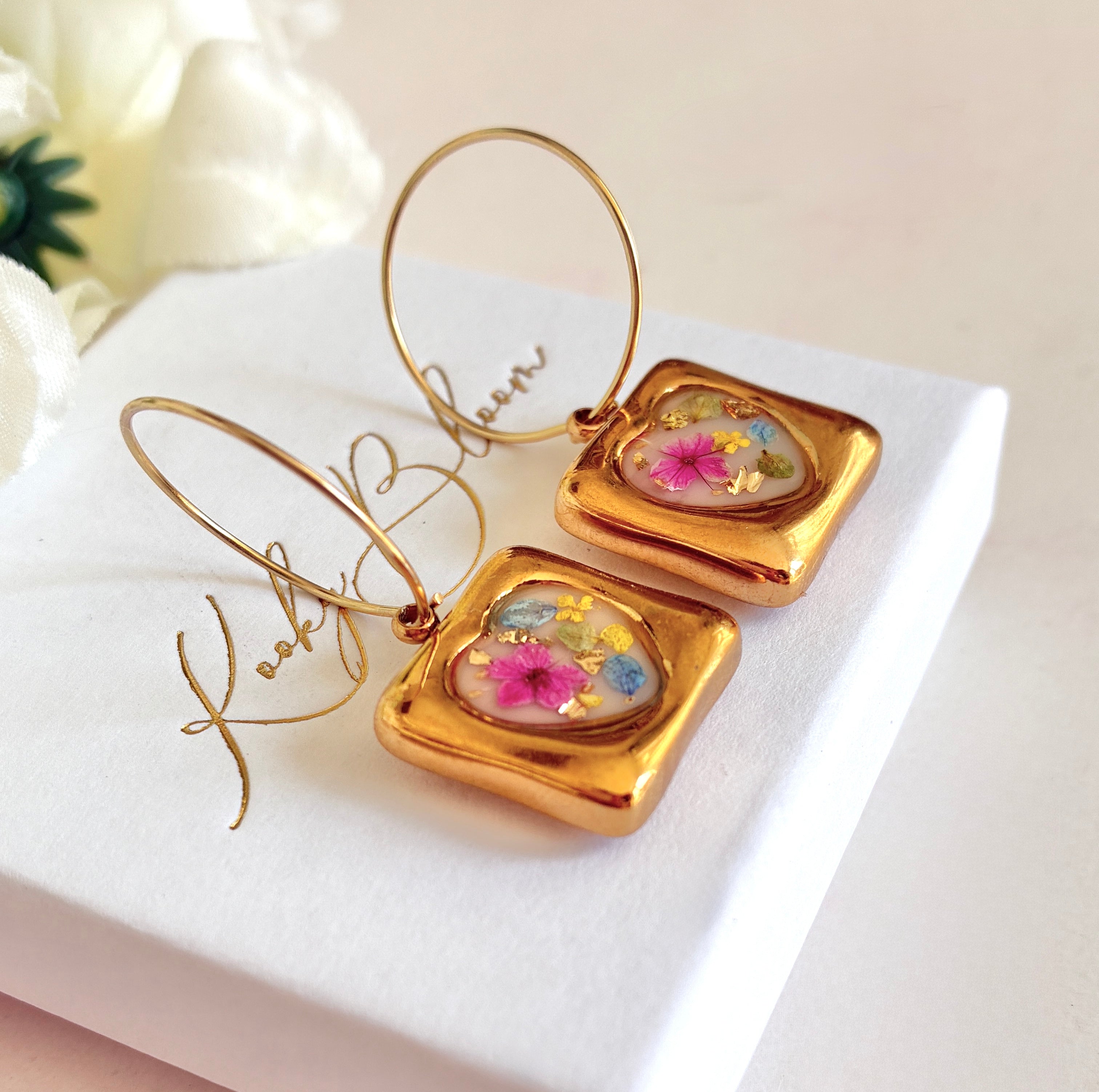 Gold Meadow Mosaic Heart Bloom hoop earrings.