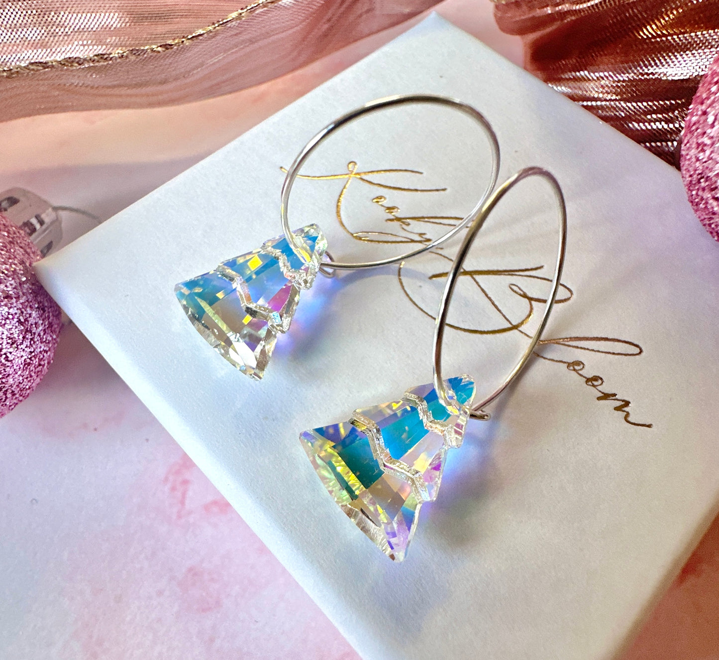 925 sterling Silver iridescent Glass Christmas tree hoop earrings.