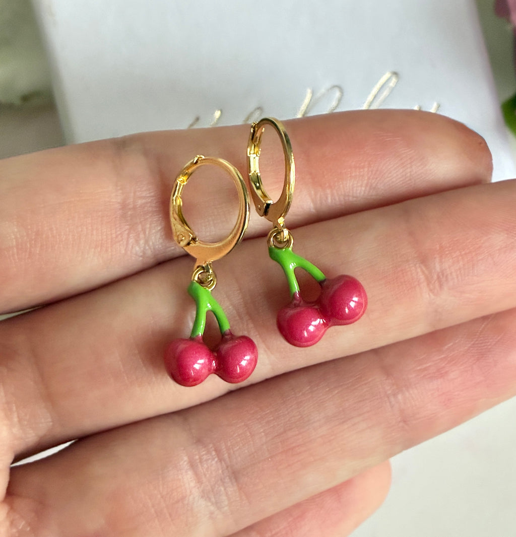 Cherry huggie earrings.