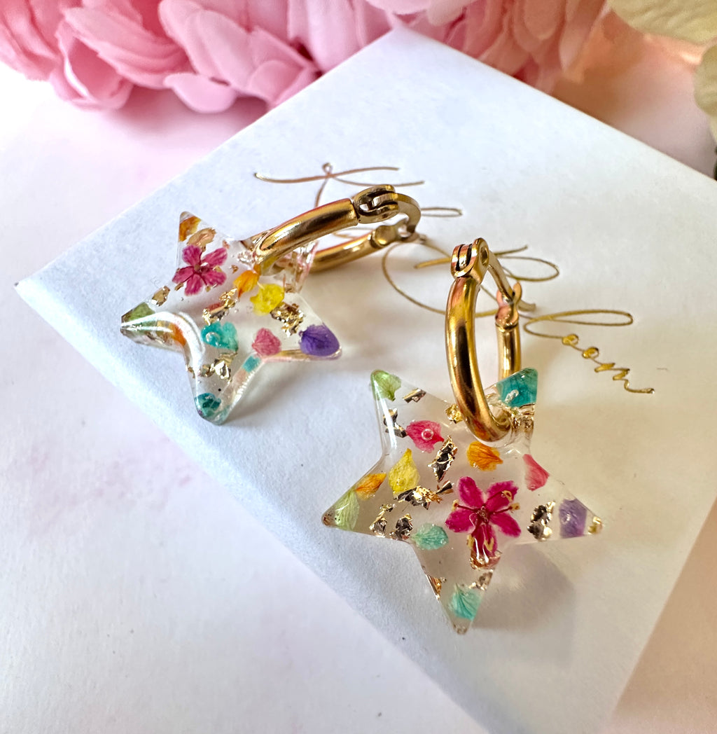 Rainbow petal confetti Star hoop earrings