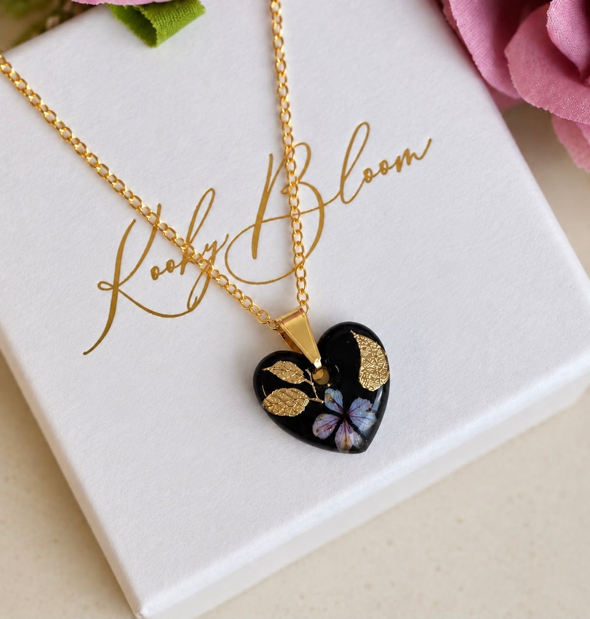 Gold Mini Mystical dark Bloom Heart necklace.