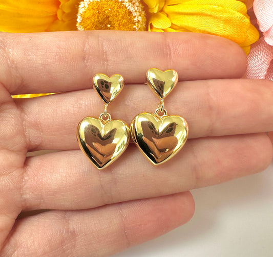 Gold chunky Double heart drop Earrings.