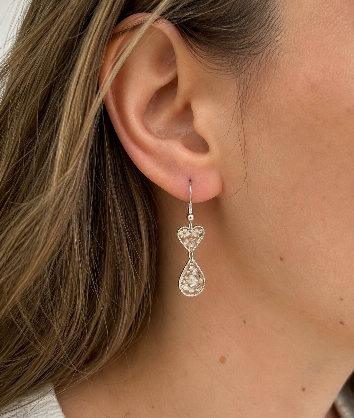 Tiny white flower Heart drop hook earrings.