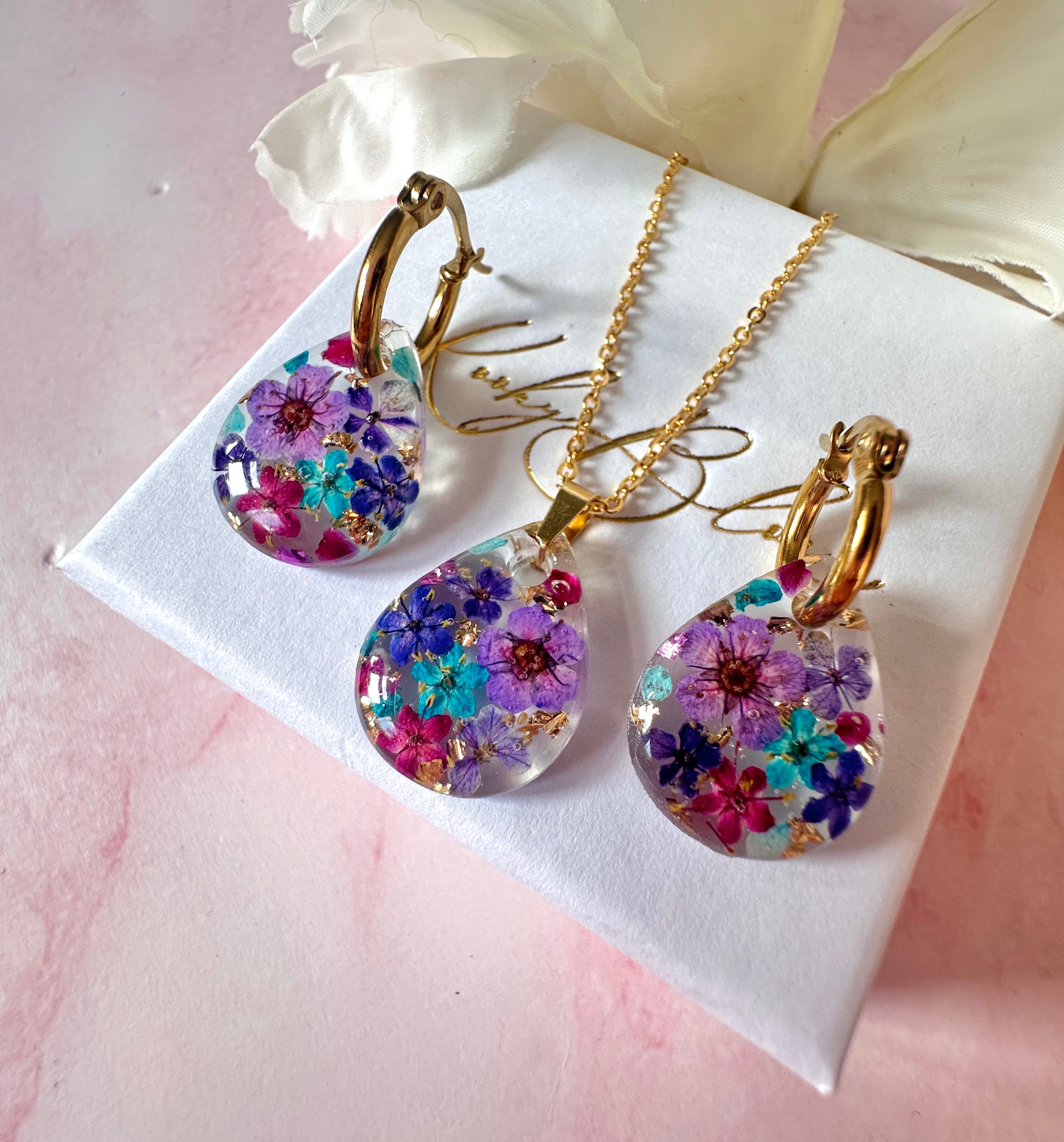 Gold Purple Rain Bloom Teardrop necklace.