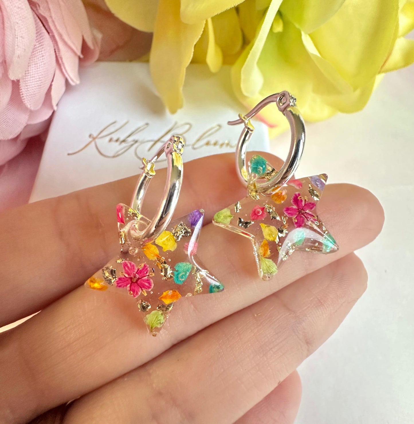 Rainbow petal confetti Star hoop earrings