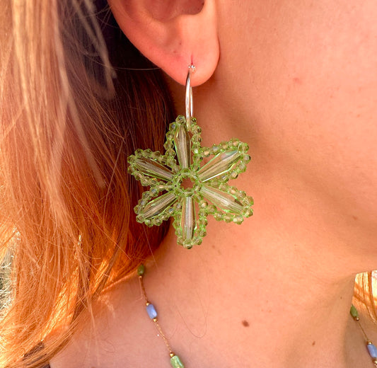 Green beaded Glass Flower Hoop earrings.