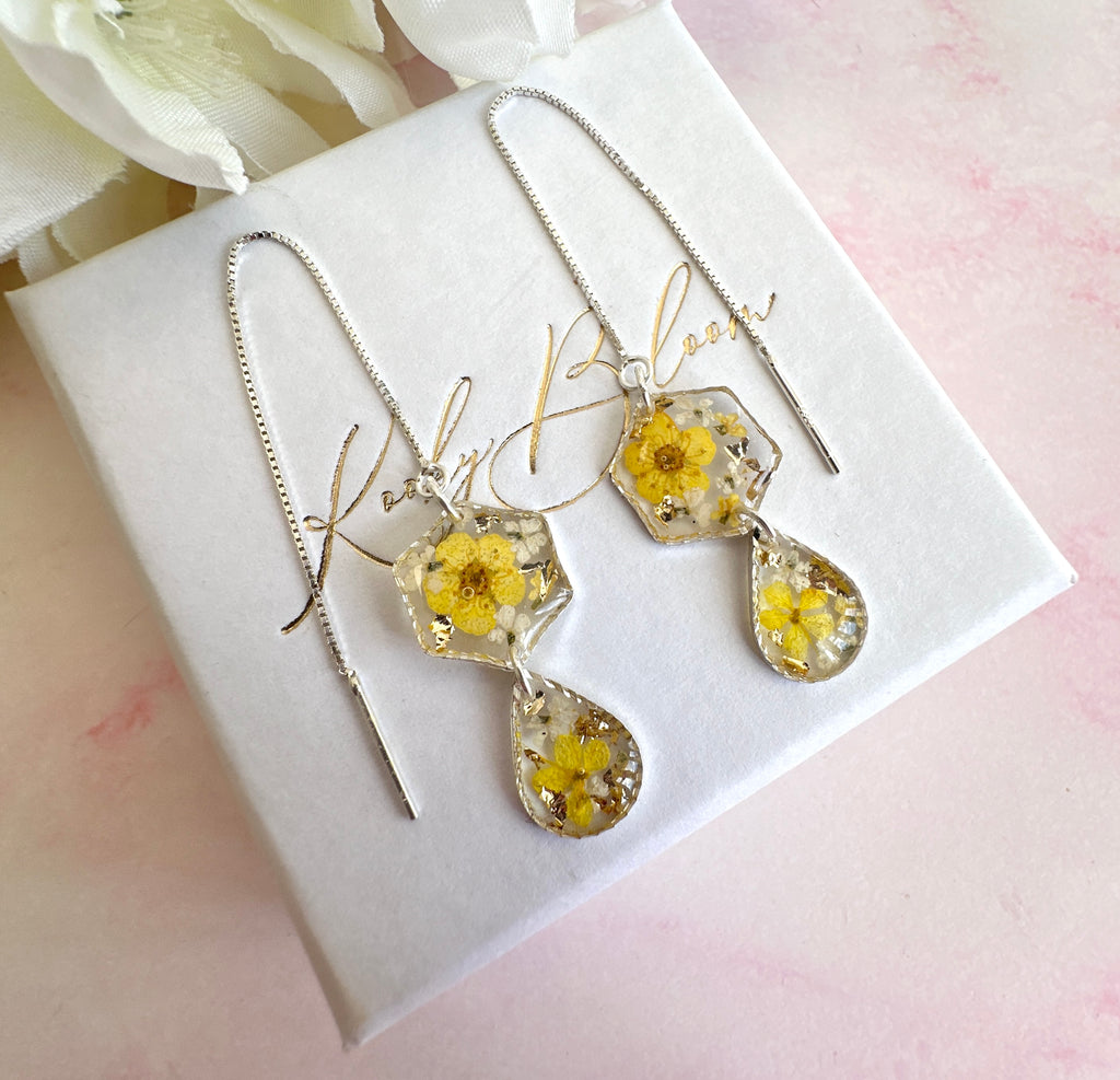 *Limited Edition* Yellow Blossom flower Thread through silver earrings.