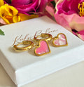 Gold Pink Shell heart Chunky huggie hoop earrings.