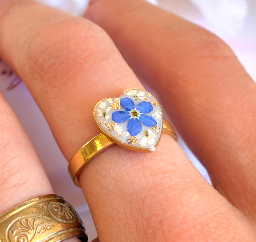 Gold Forget me not flower Heart ring.