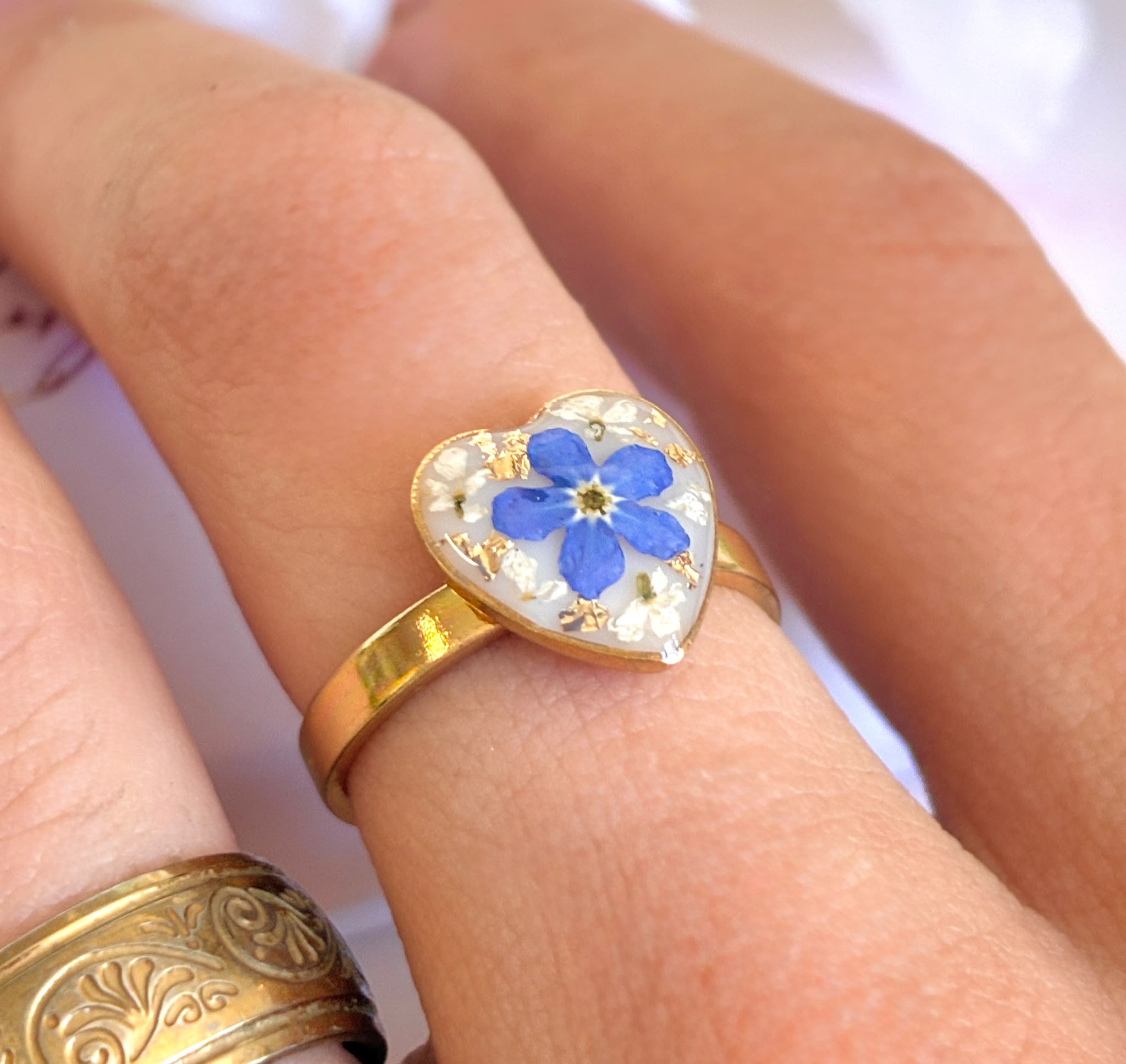 Gold Forget me not flower Heart ring.